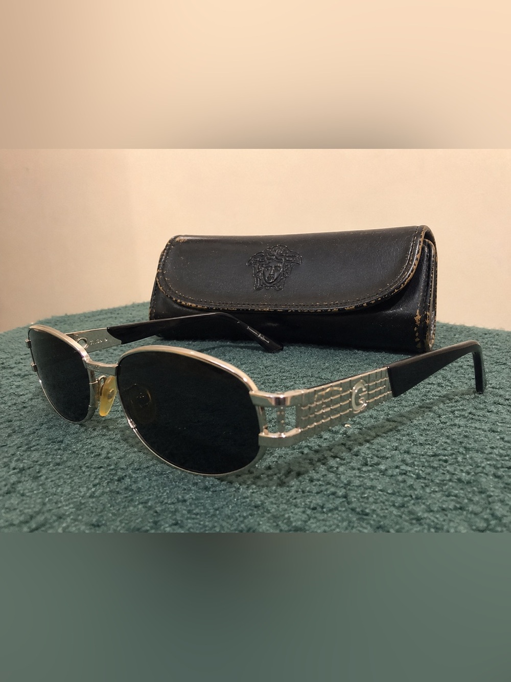 Versace Men's Silver Frame Sunglasses with Black Lenses